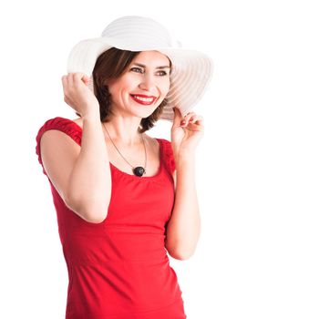 beautiful smiling girl with hat and red dress