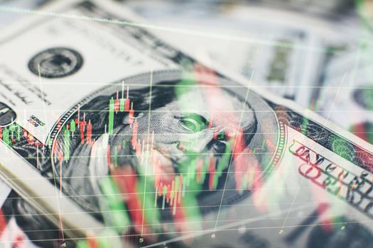 indicators including volume analysis for professional technical analysis on the monitor of a computer. Fundamental and technical analysis concept.