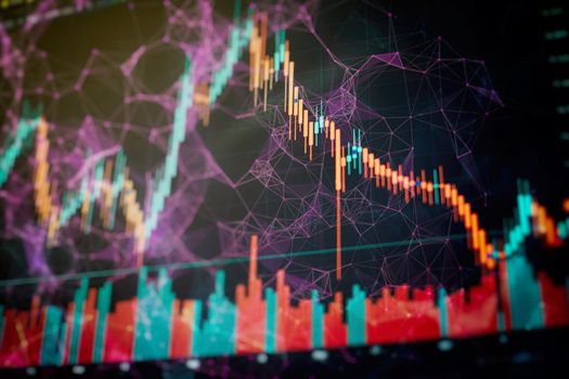 Technical price graph and indicator, red and green candlestick chart on blue theme screen, market volatility, up and down trend. Stock trading, crypto currency background .