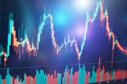 Technical price graph and indicator, red and green candlestick chart on blue theme screen, market volatility, up and down trend. Stock trading, crypto currency background .