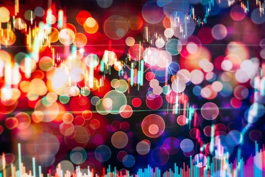 Technical price graph and indicator, red and green candlestick chart on blue theme screen, market volatility, up and down trend. Stock trading, crypto currency background .