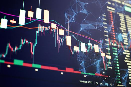 New modern computer and business strategy as concept. Financial diagram with candlestick chart used in market analysis for variation report of share price .