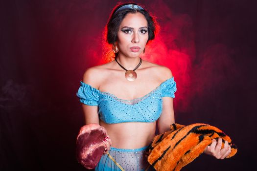 Woman calls stop wearing fur. Vegetarian campaign against the fur industry. Eco friendly behaviour. Protect animals.