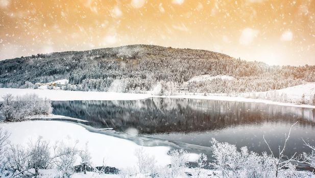 beautiful winter landscape with snow in the mountains of Norway