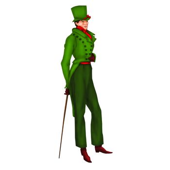 The cartoon character is a man in a fashionable green suit with a top hat on his head. An illustration of a character.