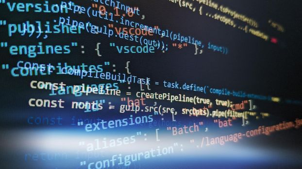 Computer script. Software background. Source code photo. Website programming code. Programmer developer screen. Developer working on program codes in office.