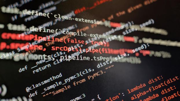 Computer script. Software background. Source code photo. Website programming code. Programmer developer screen. Developer working on program codes in office.