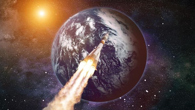 Space shuttle voyage through the galaxy and planets . Space shuttle orbiting Earth planet. Elements of this image furnished by NASA