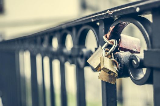 macro photo of two locks on a bridge