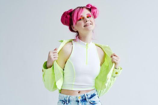 fashionable woman green jacket fashionable clothes studio model. High quality photo