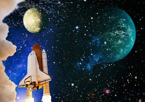 Spaceship takes off into the starry sky. Launch of Space . Elements of this image furnished by NASA