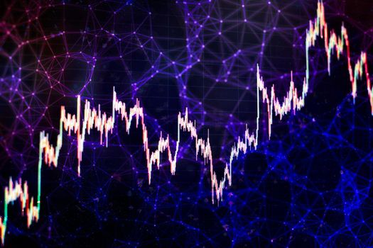 Indicators including volume analysis for professional technical analysis on the monitor of a computer. Fundamental and technical analysis concept .