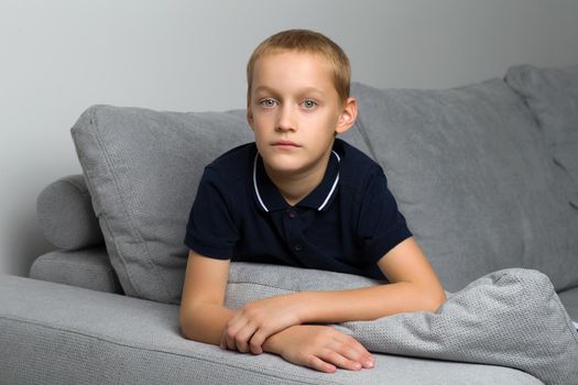 A cute little boy is sitting in the studio on a soft gray sofa. Happy childhood concept.