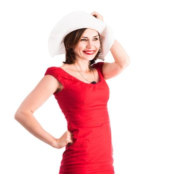 beautiful smiling girl with hat and red dress