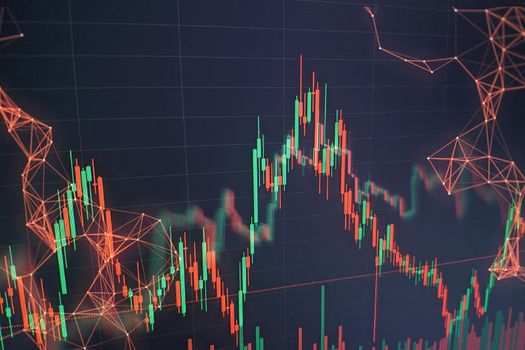 stock indexes in virtual space. Economic growth, recession. Electronic virtual platform showing trends and stock market fluctuations