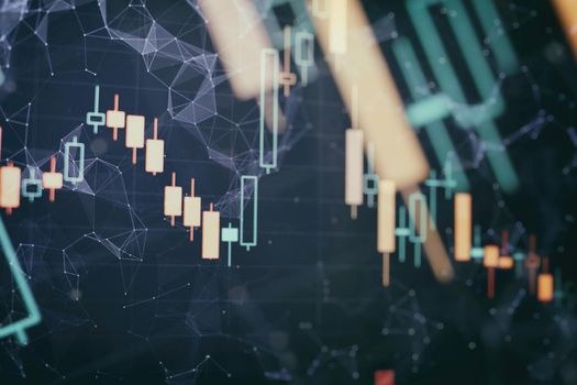Technical price graph and indicator, red and green candlestick chart on blue theme screen, market volatility, up and down trend. Stock trading, crypto currency background .