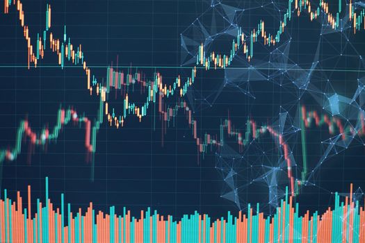 Technical price graph and indicator, red and green candlestick chart on blue theme screen, market volatility, up and down trend. Stock trading, crypto currency background .