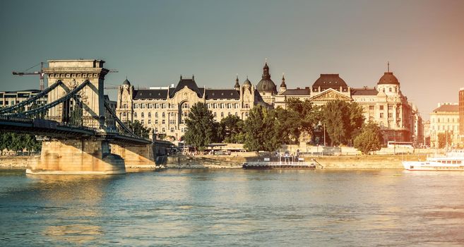 view on the chain bridge on the Danube river