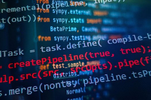 SEO optimization. Modern tech. PHP syntax highlighted. Writing programming functions on laptop. Big data and Internet of things trend.