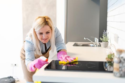 Cute housewife cleaning the kitchen