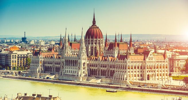 Hungarian Parliament view from fishermen Bastion in Budapest