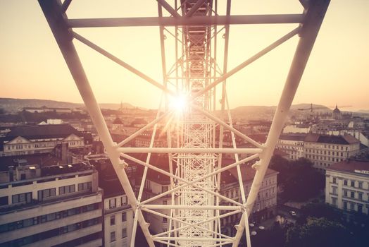 view on sunset in Budapest from ferris wheel