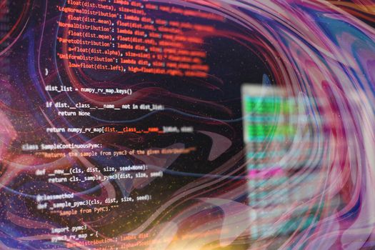 CSS, JavaScript and HTML usage. Monitor closeup of function source code. Abstract IT technology background. Software source code.