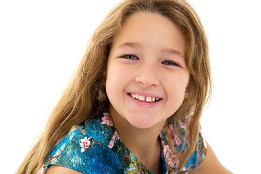 Schoolgirl teenage girl studio portrait close-up. Isolated on white background