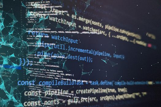 HTML5 in editor for website development. Website HTML Code on the Laptop Display Closeup Photo. Modern tech. Innovative startup project.