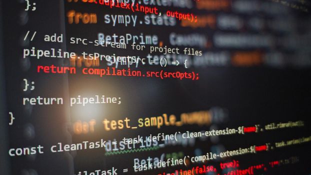 Hacker background, Programmer working in desktop laptop, Blurred screen with selective focus, JS, Closeup cooperating in web specialist apps, Tech source apps