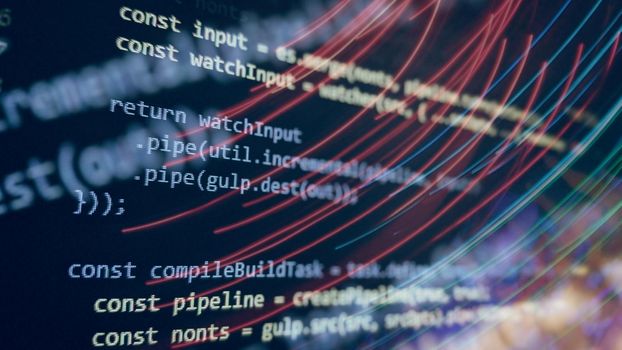 Computer script. Software background. Source code photo. Website programming code. Programmer developer screen. Developer working on program codes in office.