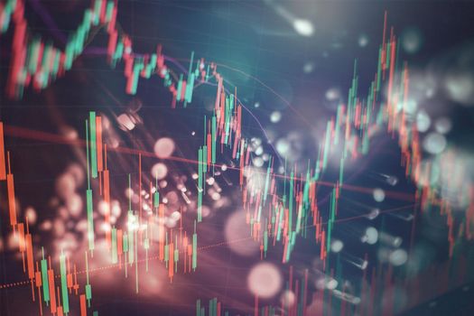 stock indexes in virtual space. Economic growth, recession. Electronic virtual platform showing trends and stock market fluctuations