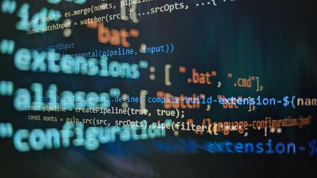 Computer script. Software background. Source code photo. Website programming code. Programmer developer screen. Developer working on program codes in office.