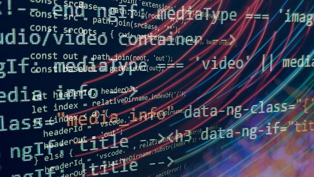 Hacker background, Programmer working in desktop laptop, Blurred screen with selective focus, JS, Closeup cooperating in web specialist apps, Tech source apps