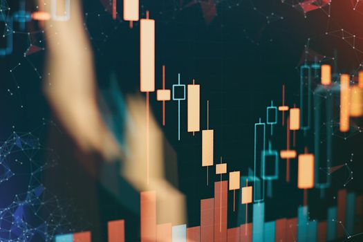 indicators including volume analysis for professional technical analysis on the monitor of a computer. Fundamental and technical analysis concept.