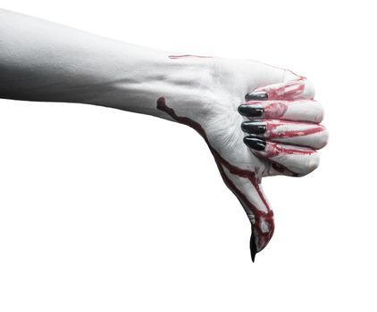 Vampire hand in blood with thumb downgesture on white background. Halloween or horror theme