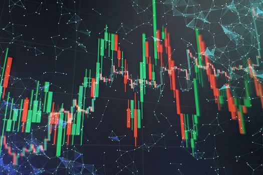 stock indexes in virtual space. Economic growth, recession. Electronic virtual platform showing trends and stock market fluctuations