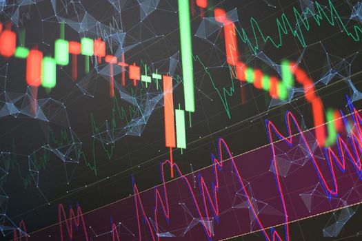 stock indexes in virtual space. Economic growth, recession. Electronic virtual platform showing trends and stock market fluctuations