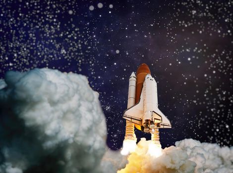 Spaceship takes off into the starry sky. Launch of Space . Elements of this image furnished by NASA