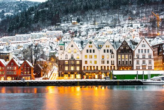 Famous Bryggen street with wooden colored houses in Bergen, Norway