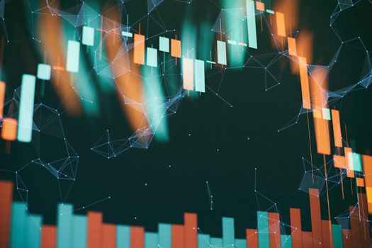 indicators including volume analysis for professional technical analysis on the monitor of a computer. Fundamental and technical analysis concept.
