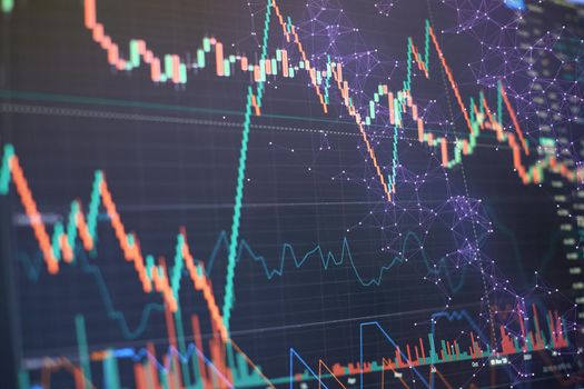 Bar graphs, Diagrams, financial figures. Forex chart. Concept of stock market and fintech.Futuristic financial interface .