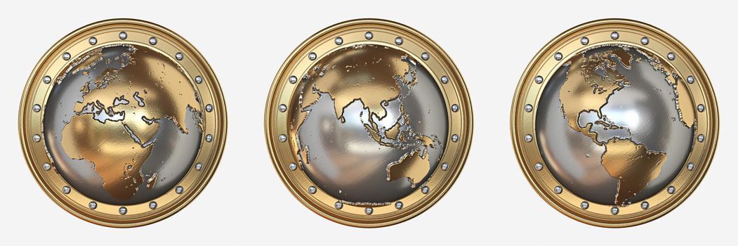 Three golden globe shields 3D rendering illustration isolated on white background