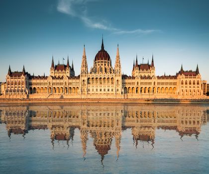 panoramic view on Hungarian Parliament from the Danube river