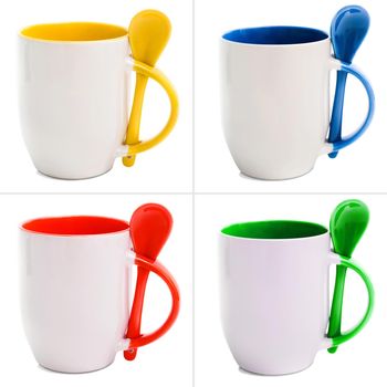 photo collage colourful mugs with spoons isolated on white background