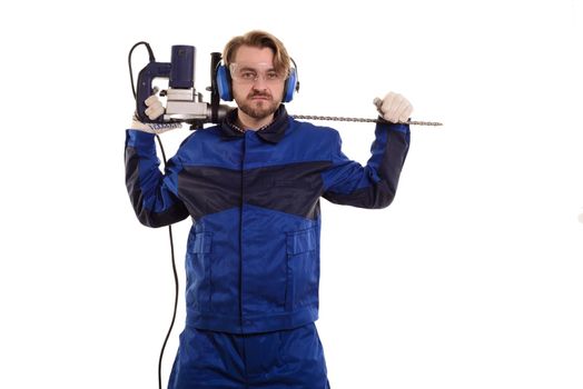 Construction worker with puncher on his shoulder on a white background