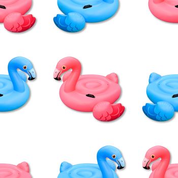 Blue and pink flamingos isolated on background. Swimming pool toy in shape of blue and pink flamingo seamless pattern. Flamingo inflatable cut out. Top view, flat lay.