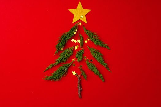 New year and Christmas background with fur tree branches on red background top view