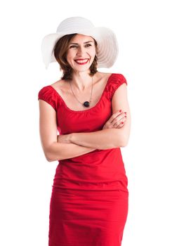 beautiful smiling girl with hat and red dress