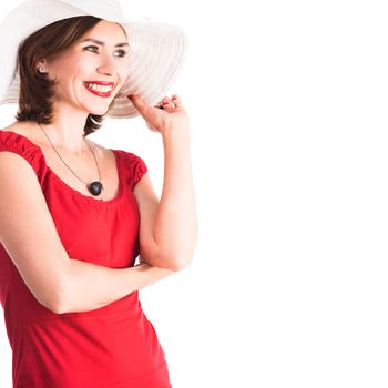 beautiful smiling girl with hat and red dress